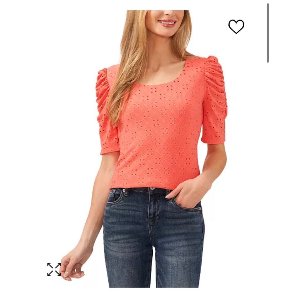 CECE  Short Sleeve Eyelet Embroidered Knit Top Orange Size Small